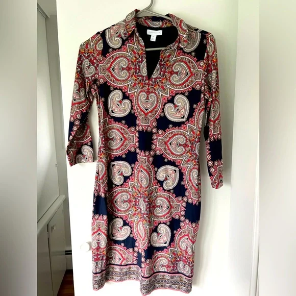 Charter Club Womens Paisley Shirt Dress 3/4 Sleeve Knee Length Black Combo  PS